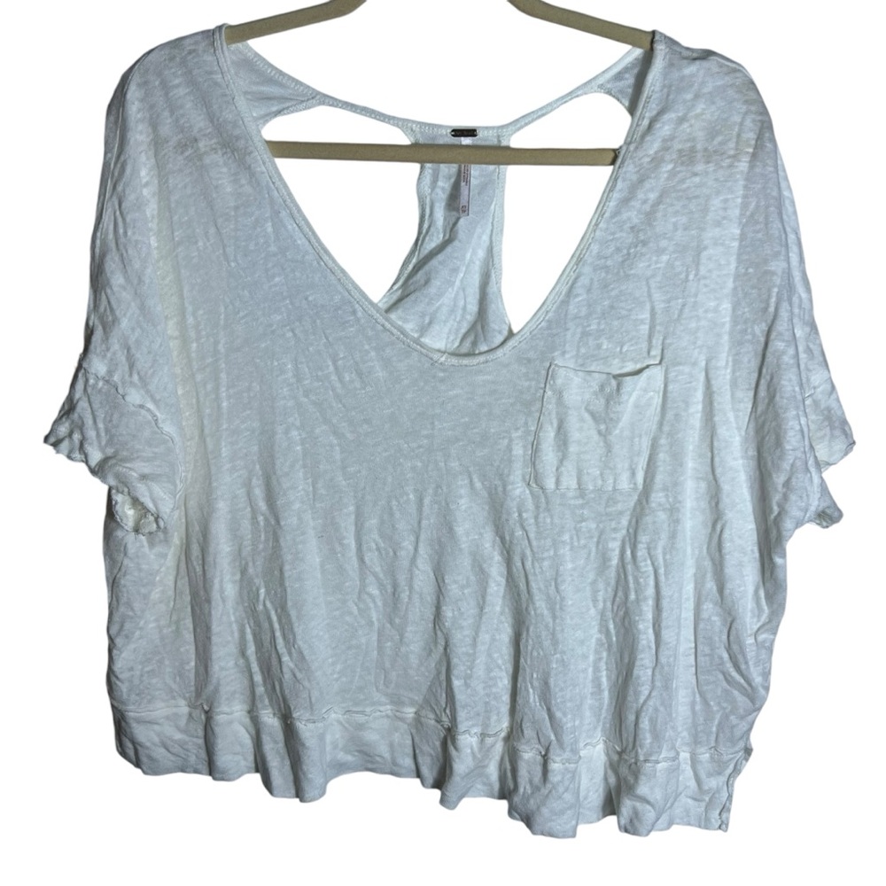 Free People Slouchy Cropped Oversized Linen Blend Back Cut Out Top, XS